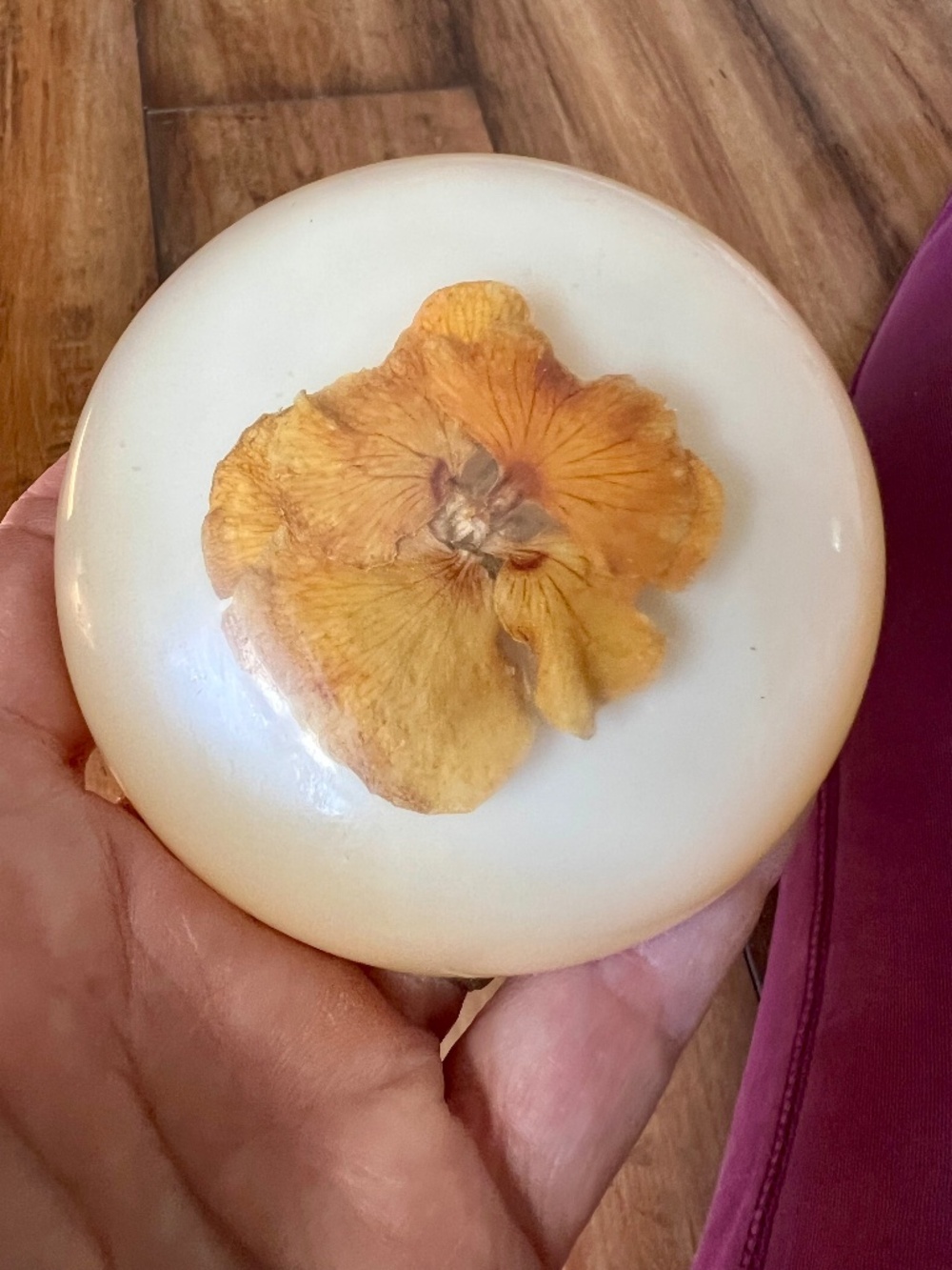 Vintage Orange Yellow Flower Lucite Resin Paperweight Retro Office Flower Child